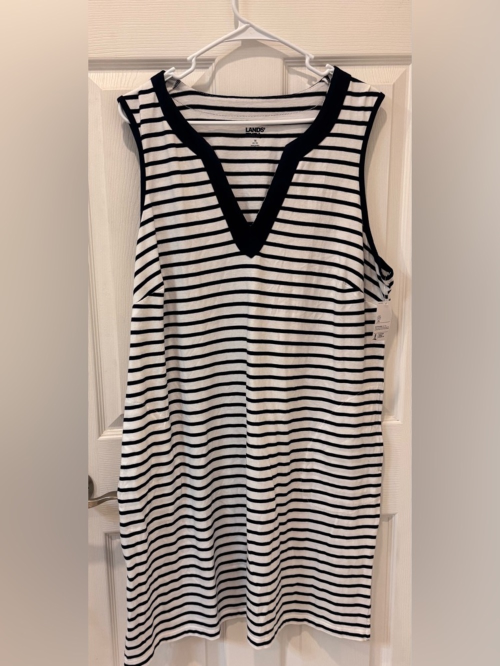 Lands' End Navy Blue and White Striped‎ V-Neck Dress
